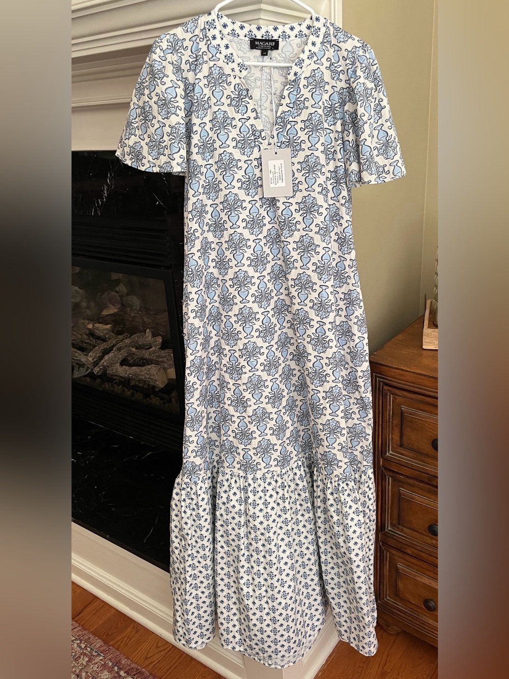 Italian Cotton Flounce Sleeve Blue Floral Magari Maxi Dress NEW Large